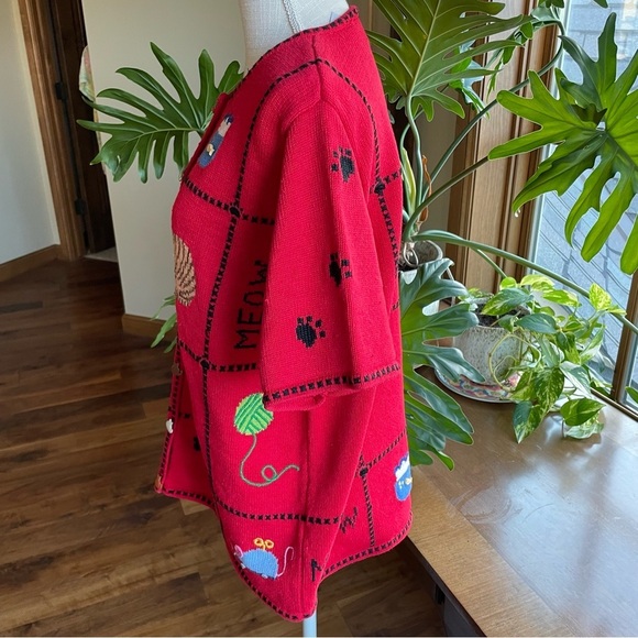 Vintage Marisa Christina Short Sleeve Red Cat Pattern Ramie Cotton Cardigan - Picture 2 of 12